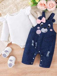 Clothing Sets Baby Girls Jumpsuits Set Long Sleeves Romper And Bear Embroidery Ripped Overalls 2 Piece Outfit