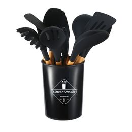 12 Pieces/set of Silicone Kitchen Utensils With Wooden Handles Non Stick Pot Cooking Shovel Baking With Storage Bucket