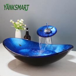 YANKSMART Oval Tempered Glass Basin Sink Washbasin Faucet Set Bathroom Counter Top Washroom Vessel Vanity Sink Mixer Water Tap