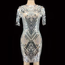 Sparkly Silver Mirrors Stones Mesh Dress Women's Birthday Celebrate Short Sleeves Outfit Prom Dance Sexy Dress YOUDU 245e