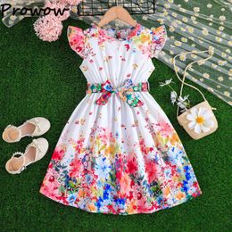 Girl Dresses Prowow Princess For Girls Sleeve Floral Printed A-Line Dress Kids Performance With Belt Children's Clothing