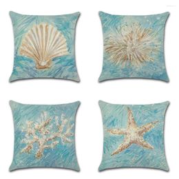 Pillow Cartoon Hand Drawn Shell Coral Starfish Printed Cover Cotton Linen Ocean Home Decor Pillowcase Sofa Case