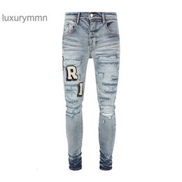Purple Jean Amiiris Designer Jeans Mens Fashion Trendy Mens Water Wash Slim Fit Small Foot Hole Patch Embroidery Letter Casual Versatile Denim M0H3