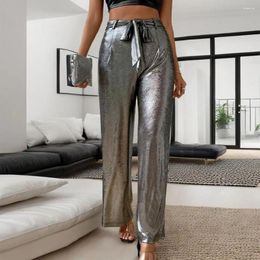 Women's Pants Women Wide-Leg High Waist Lace-up Casual Long Metallic Texture Solid Colour Draped Nightclub Trousers