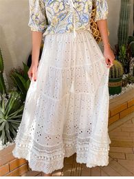 Skirts Embroidery Eyelet Cut-out Midi Skirt White Elastic Waist Semi Sheer Flowy Long Women Boho Summer Holiday Outfits