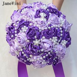 Wedding Flowers JaneVini Luxurious Pearls Purple Bridal Bouquet For Top Handmade Crystal Satin Roses Bride Ramo Novia Boda 2024