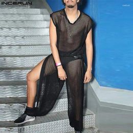 Men's Tracksuits Men Sets Mesh Transparent Sexy Streetwear V Neck Sleeveless Tank Tops & Pants 2PCS Summer 2024 Fashion Suits S-5XL INCERUN