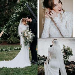 Vestidos de noiva de sereia de pescoço alto país jardim de mangas compridas renda de cravos muçulmanos vestidos de noiva vestido de novia 329a