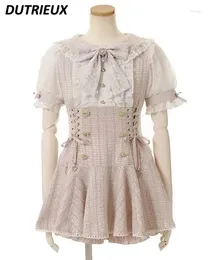 Work Dresses Lolita Clothes Japanese Mine Mass-Produced Short-Sleeve Shirt Shorts Set Women Sweet Cute Doll Collar Dress Two-Piece Suit