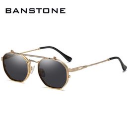 Sunglasses BANSTONE Vintage SteamPunk Style Tint Ocean Lens Metal Flip Up Clamshell Brand Design Sun Glasses 266i
