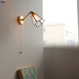 Wall Lamp IWHD Pull Chain Switch LED Light Sconce Glass Lampshade Copper Arm Adjustable Bedroom Living Room Beside Wandlamp