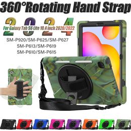 360 Rotation Hand Strap Kickstand Tablet Cases For Samsung Galaxy Tab S6 Lite 10.4 inch Shockproof Kids Safe PC Silicon Shoulder Strap Cover Case +Screen Protector