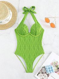 Women's Swimwear Sexy Green Underwire One Piece Swimsuit 2024 Halter Cut Out Push Up Tummy Control Summer Backless Bathing Suit Monokini