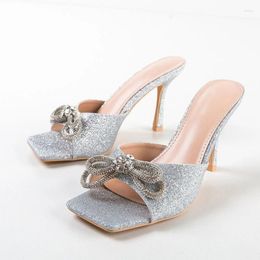 Slippers Square Toe Rhinestone Bow Women's Sequin Stiletto Heels Slides Open Slip On Solid Color Silver Wedding Ladies Shoes