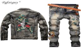 New Men Vintage Sets Embroidered Red Crowned Crane Hole Distressed Jackets Embroidered Tiger Jeans Mens Clothing 2 Piece Set LJ21291122