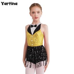 Dancewear Kids Girls Gymnastics Artistic Skating Dress Sparkly Glitter Sequins Leotard Tassels Tuxedo Fringed Dress Latin Jazz Costume Y240524