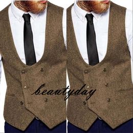 2020 Brown Groom Vests Country Wedding Wool Herringbone Tweed Vest Slim Fit Men's Vest For Suit Dress Waistcoat Farm Groomsmen Att 296c