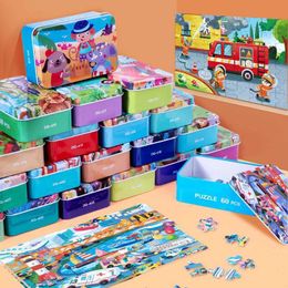 3D Puzzles 60 pieces/set of childrens wooden puzzle cartoon animal car dinosaur pattern puzzle with iron box baby early education toy gift WX5.26