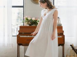 2020 Sexy Sleeveless Sleep Wear Night Dress Vintage Lace Nightgown Nightdress White Blue Pink Cotton Sleepwear Women Nightshirt9506961