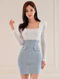 Casual Dresses Fashion Work Style Lace Splic Pencil Short Dress Women Clothing Elegant Office Sweet Ruffle Sexy Square Collar Slim Vestidos