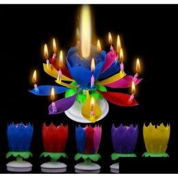 Party Decoration Musical Birthday Candle Magic Lotus Flower Candles Blossom Rotating Spin 14 Small 2 Layers Cake Topper Decor Drop D Dhnsk