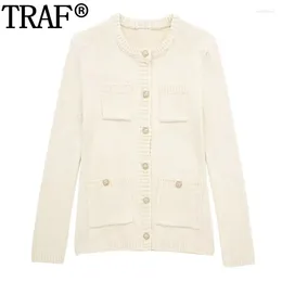 Women's Knits 2024 Rhinestone Button Knitted Cardigan Women Spring Round Neck Beige Cardigans For Long Sleeve Elegant Woman Sweater