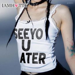Women's Tanks IAMTY Y2K Letter Print Tank Top Women Harajuku Lace Stitching Bow Decorate Sleeveless Crop Tops Coquette Aesthetic Camisole
