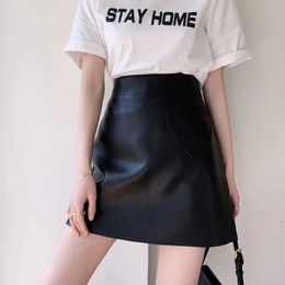 Skirts 2023 High quality genuine leather short leather womens spring waist A-line side zipper weight loss bag button sheepskin mini S S2452755