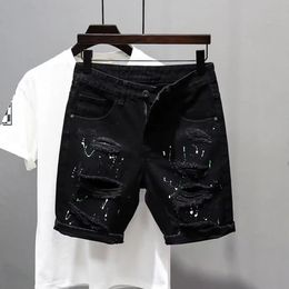 Summer Casual Mens Denim Shorts Korean Straight Washed Jeans Short Ins Ripped Cat Whisker Ink Splash Plaid Black Five-Pants 240527