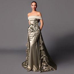 Charming Mermaid Beaded Evening Dresses With Detachable Train 3D Appliqued Prom Gowns Off The Shoulder Satin Formal Dress