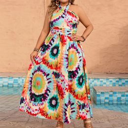 Women Plus Size Bohemian Beach Dress Tie Dye Summer Long Dress Thigh Tie Backless Halter Neck Maxi Dress Mixcolor Holiday Dress 240527
