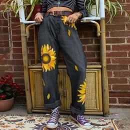 Women's Jeans 2024 Women Sunflower Print Mid-waist Washed Straight Jean Oversize Woman Blue Black Street Aesthetic Pant Vintage Clothes