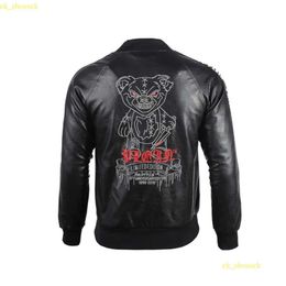 Plein-Brand Men's PP Skull Embroidery Leather Fur Jacket Thick Baseball Collar Jacket Coat Simulation Motorcycle racing suit 920