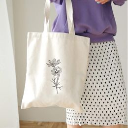 Shopping Bags Flower Plant Print Line Drawing Women Student Shoulder Tote Handbag Eco Harajuku Large Capacity Canvas Literary Art