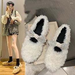 Casual Shoes Korean Crystal Bow-knot Fur Mary Janes Female Winter Cotton Women Fleeces Flats Plush Loafers Curly Wool Moccasins 2024