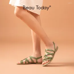 Sandals BeauToday Gladiator Women Genuine Cow Leather Narrow Band Buckle Strap Summer Beach Flats Ladies Shoes Handmade 32216