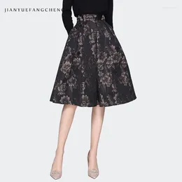 Skirts Ladies Embroidered Black Floral Skirt Women' Mid-length High Waist A-line Pleated With Pockets Vintage Elegant Bottoms