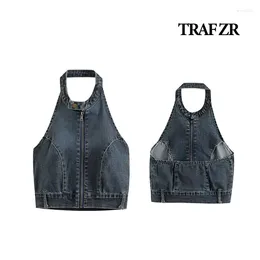 Women's Tanks ZR Demin Zipper Tank Tops Casual Stylish Spliced Neck-mounted Backless Sexys Comfy Jean & Camis