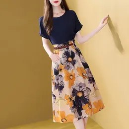 Work Dresses Retro Elegant 2 Piece Dress Set Women T-shirt Top A-Line Floral Skirts Suit Two Sets Office Lady Clothing Summer 2024