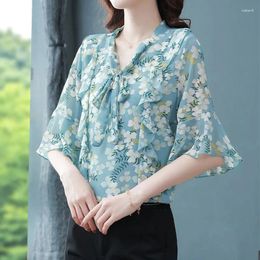 Women's Blouses Summer Large Size Floral Top Women Loose Short Sleeved Chiffon Shirt Lady Blouse Lace Up Pullover Elegant Female