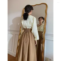 Skirts Dark Brown Vintage Maxi Skirt Women Harajuku Pocket Lace Up Long Summer Fall Clothes Korean Fashion Y2k Style