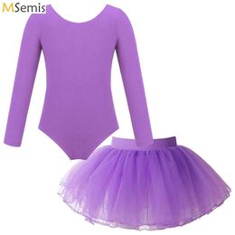 Dancewear Girl Ballet Dance Leotard Long Sleeve Gymnastics Leotard+Tulle Tutu Skirt Outfit Kid Dance Training Workout Performance Bodysuit Y240524