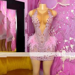 Elegant Pink Prom Birthday Dresses Luxury Sheer Neck Rhinestone See Through Short Party Gowns Velvet Mini Cocktail Outfits