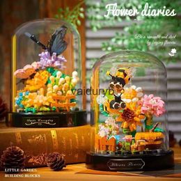 Blocks Bee butterfly flower bonsai building block insect plant ceramic model brick with dust cover desktop decoration DIY toy childrens gift H240527