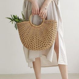 Straw Bags 2021 Women Hand-Woven Hollow Handbag Moon Shape Rattan Bag Big Capacity Drawstring Handbags Casual Travel Beach 285V