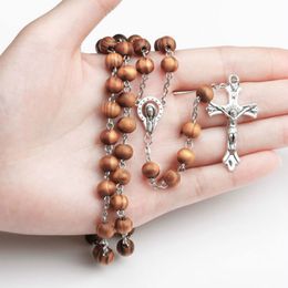 2020 Catholic Cross Necklace religious Wooden Beads Rosary Necklace Women man Long Strand Necklaces Prayer Jesus Jewelry Gift 325i