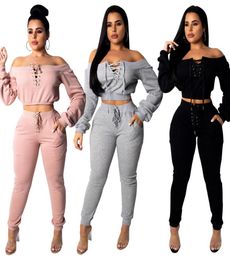 Womens Tracksuit Neck Lace up Top Skinny Pants Sport Wear 2 PCS Set Fitness Outfit Wear 2019 Spring Big Girls Sexy Two Piece Set5186846