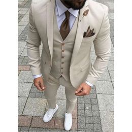 Fashionable Groom Tuxedos Notch Lapel Men Groomsmen Beige Suits FitWedding/Men's Bridegroom (Jacket+Pants+Vest+Tie) NO:38 52fe