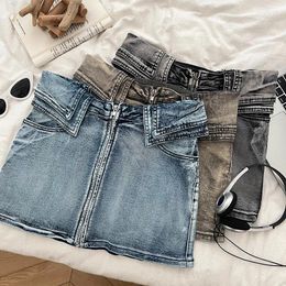 Skirts Jeans Retro Girl Fashion All-match Flanging High Waist Slimming Zipper Denim Skort Skirt Hip For Women Faldas Clothes
