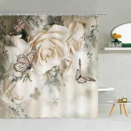 Shower Curtains Romantic Butterfly White Rose Flower Curtain Spring Floral Scenery Girl Gift Bathroom Decor Waterproof Fabric 244P